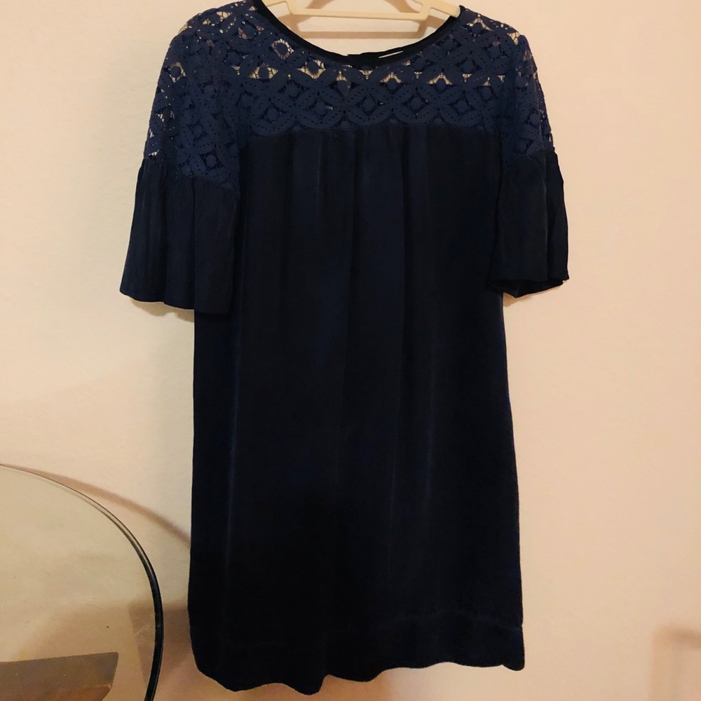 Navy Ella moss lace top suede bottom dress